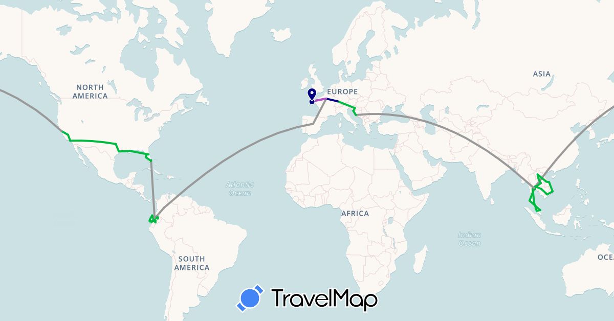 TravelMap itinerary: driving, bus, plane, train in Colombia, Germany, Ecuador, Spain, France, Croatia, Cambodia, Laos, Malaysia, Thailand, United States, Vietnam (Asia, Europe, North America, South America)